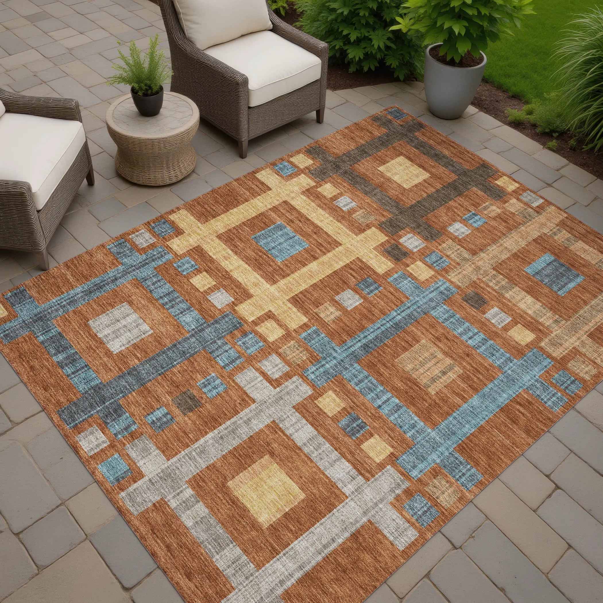 9' X 12' Orange And Gold Geometric Washable Indoor Outdoor Area Rug Homeroots Outdoor