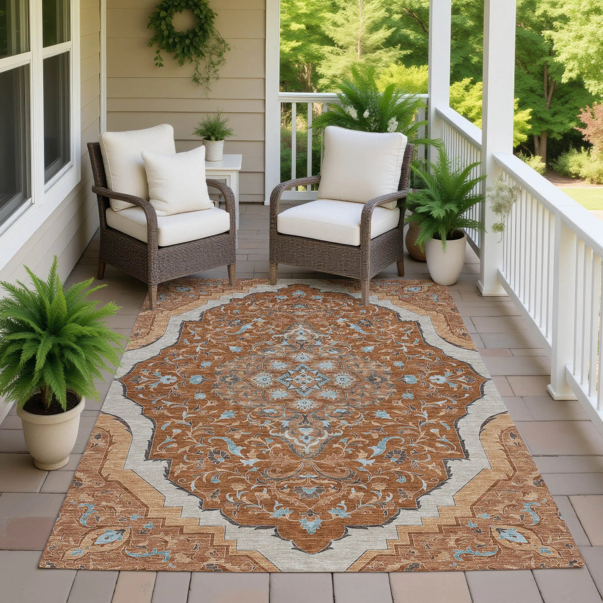 9' X 12' Orange And Graphite Medallion Washable Indoor Outdoor Area Rug Homeroots Outdoor