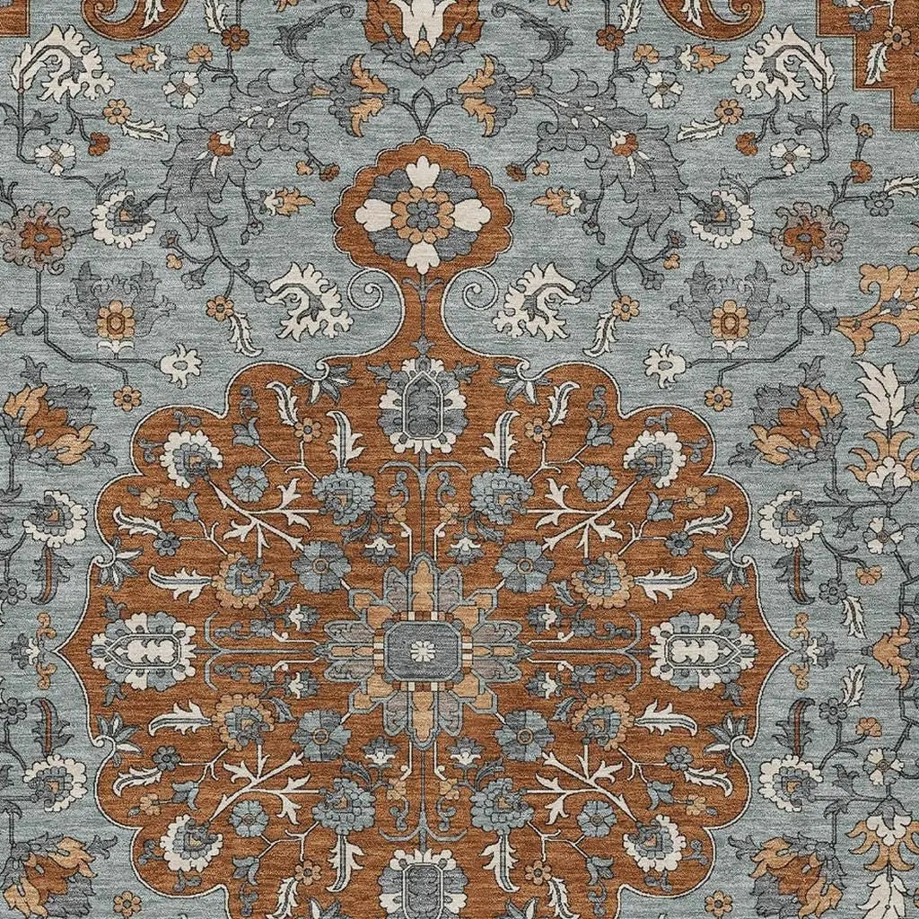 9' X 12' Orange And Gray Floral Medallion Washable Indoor Outdoor Area Rug Homeroots Outdoor