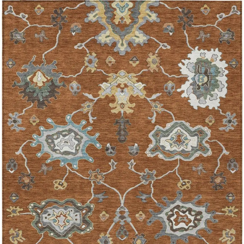 9' X 12' Orange And Gray Oriental Washable Indoor Outdoor Area Rug Homeroots Outdoor
