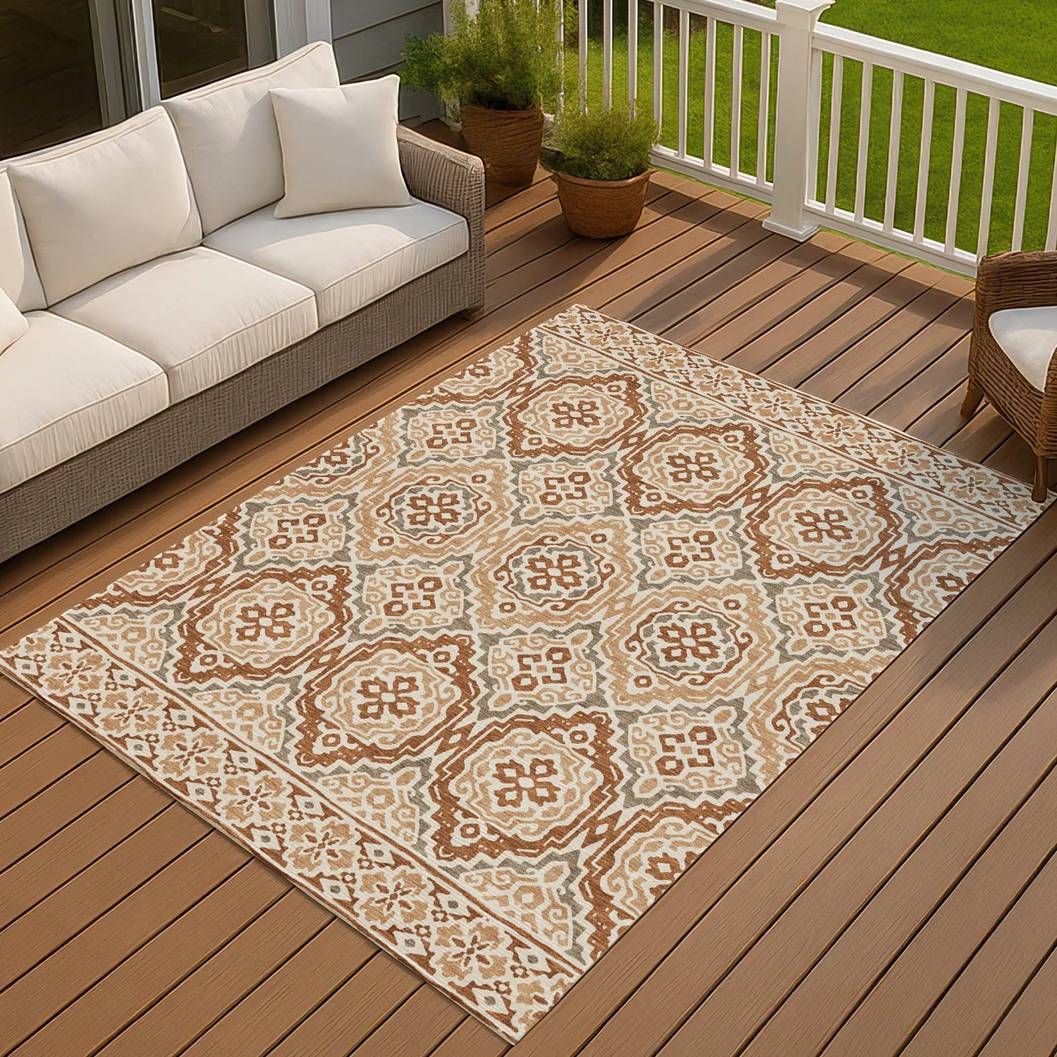 9' X 12' Orange And Gray Tribal Washable Indoor Outdoor Area Rug Homeroots Outdoor