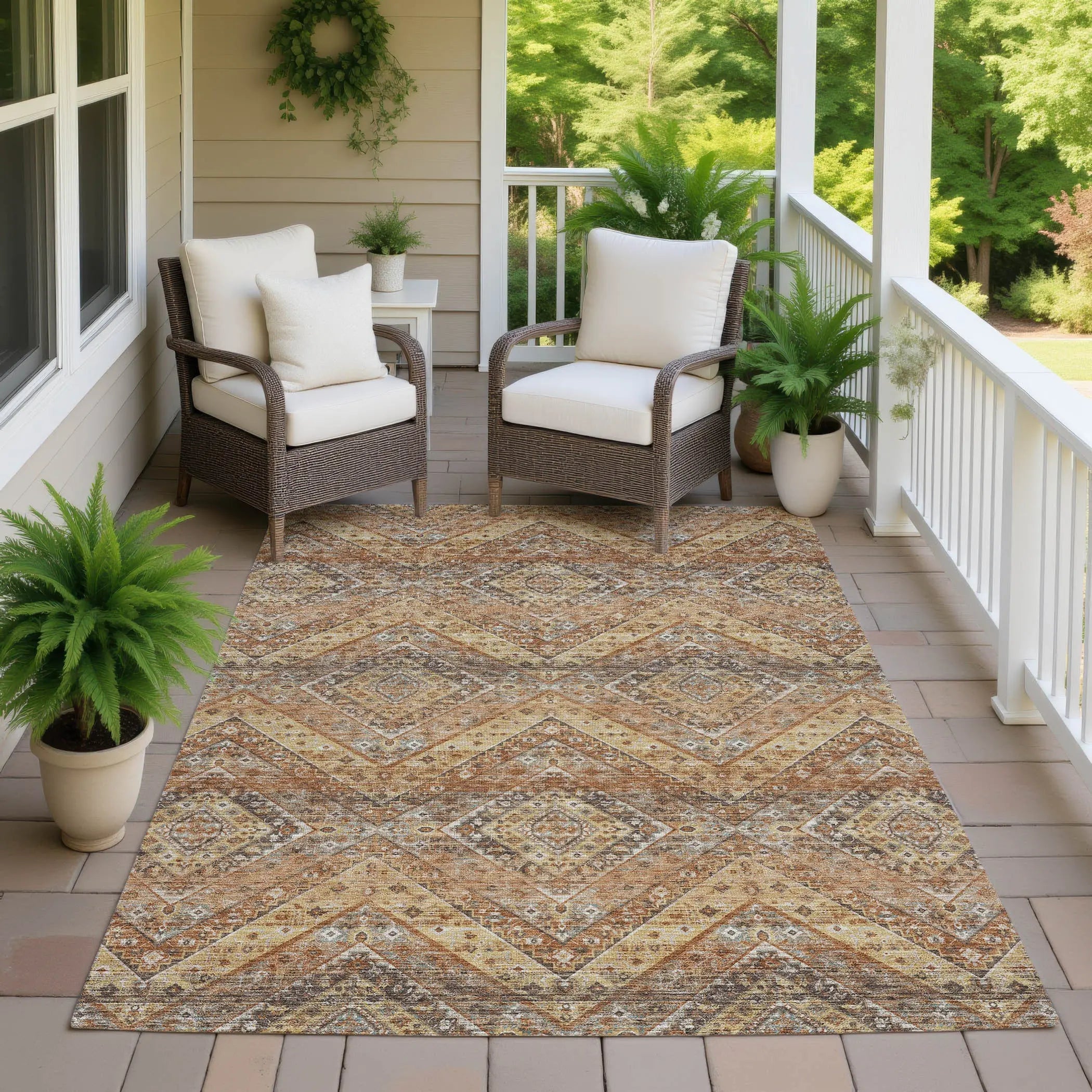 9' X 12' Orange And Green Tribal Washable Indoor Outdoor Area Rug Homeroots Outdoor