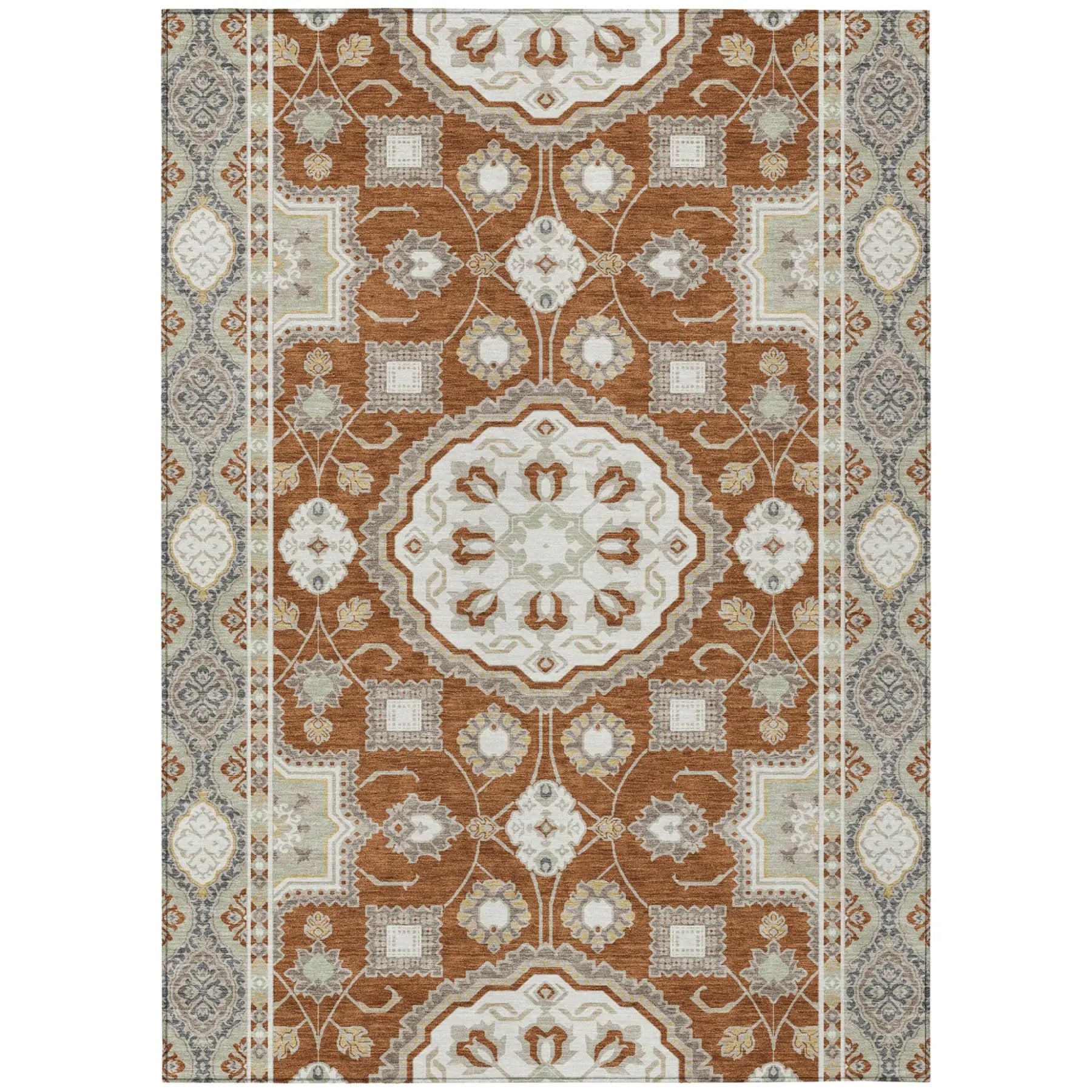 9' X 12' Orange And Ivory Floral Medallion Washable Indoor Outdoor Area Rug Homeroots Outdoor