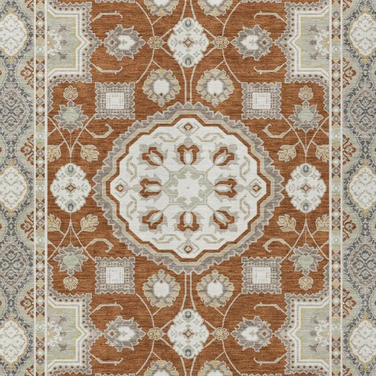 9' X 12' Orange And Ivory Floral Medallion Washable Indoor Outdoor Area Rug Homeroots Outdoor