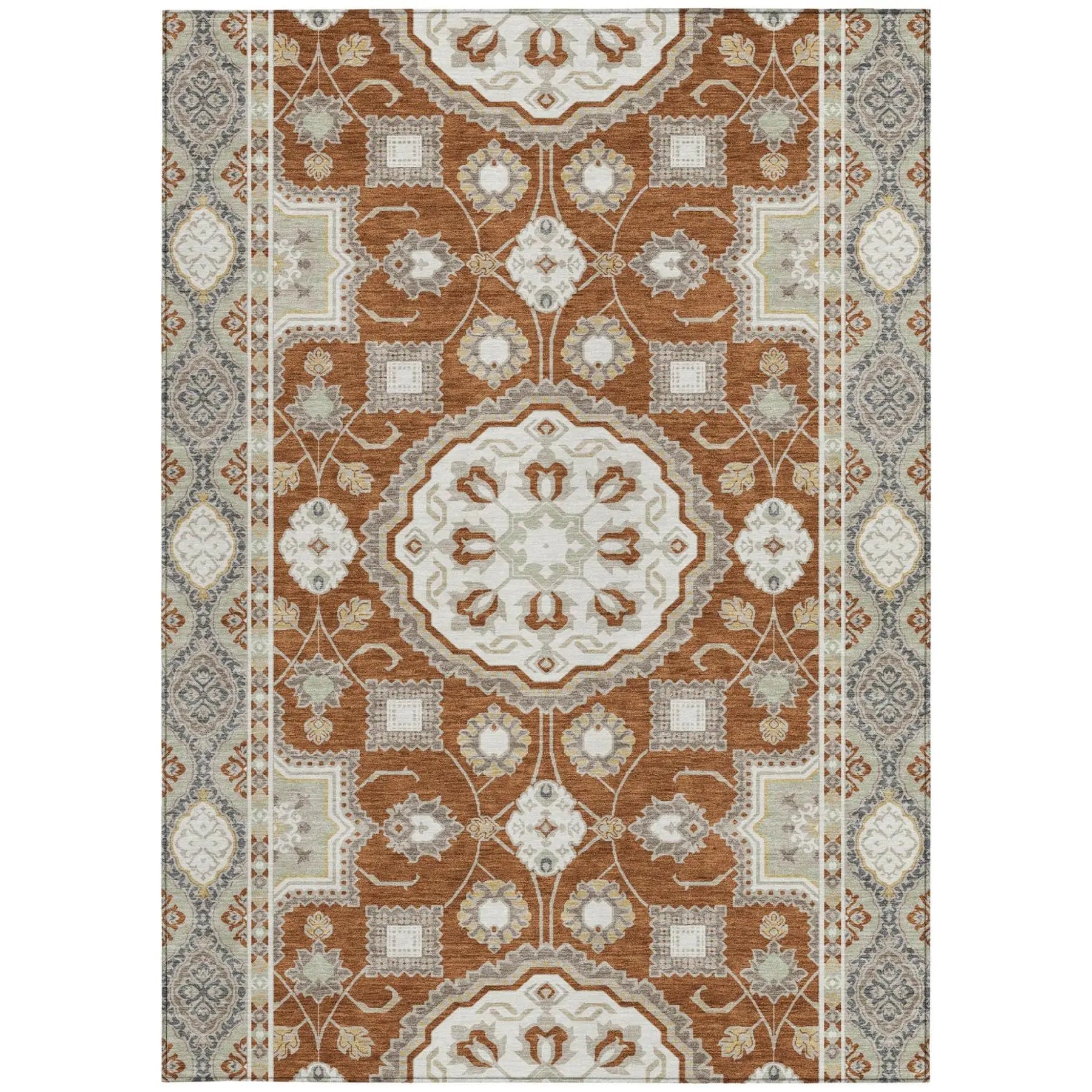 9' X 12' Orange And Ivory Floral Medallion Washable Indoor Outdoor Area Rug Homeroots Outdoor