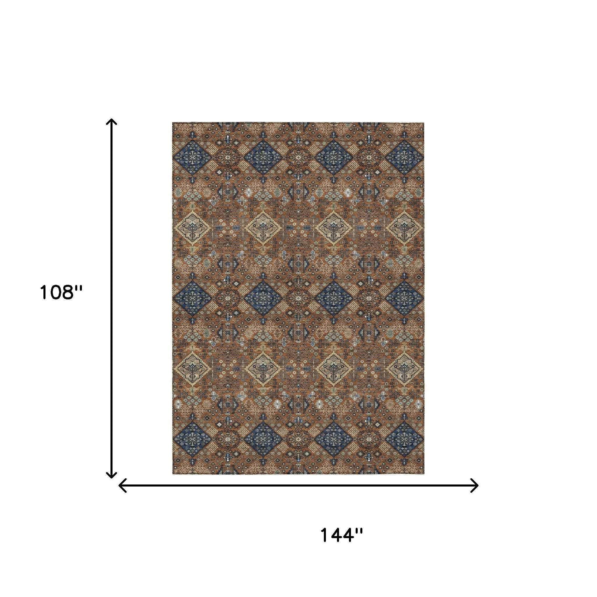9' X 12' Orange And Navy Blue Geometric Washable Indoor Outdoor Area Rug Homeroots Outdoor