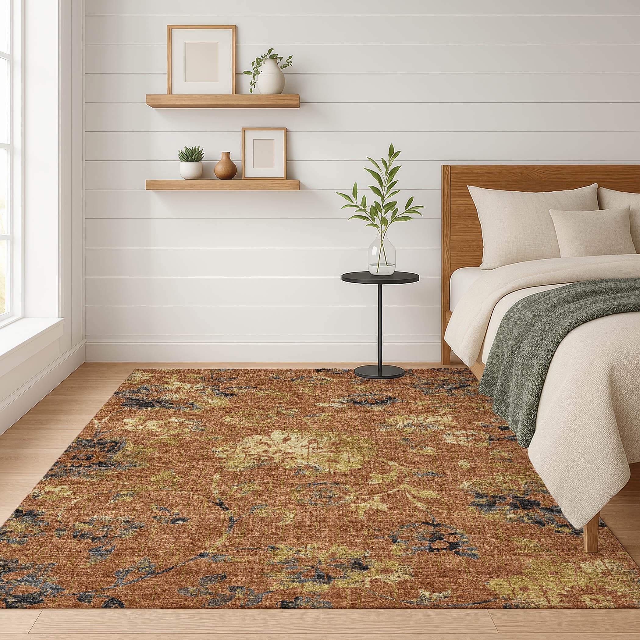 9' X 12' Orange And Rust Floral Washable Indoor Outdoor Area Rug Homeroots Outdoor