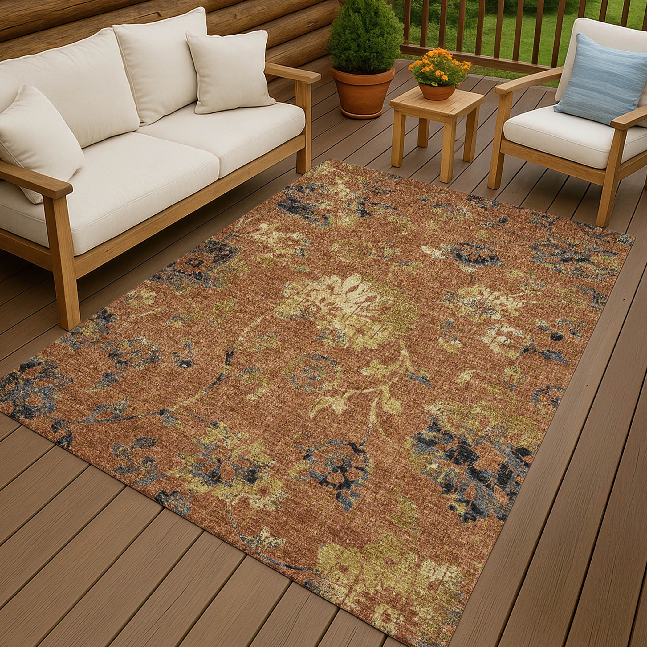 9' X 12' Orange And Rust Floral Washable Indoor Outdoor Area Rug Homeroots Outdoor