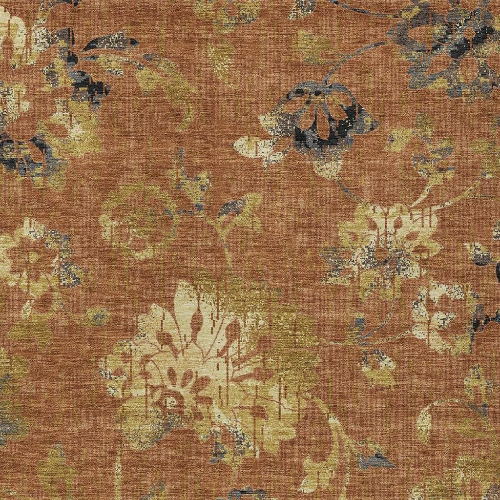 9' X 12' Orange And Rust Floral Washable Indoor Outdoor Area Rug Homeroots Outdoor