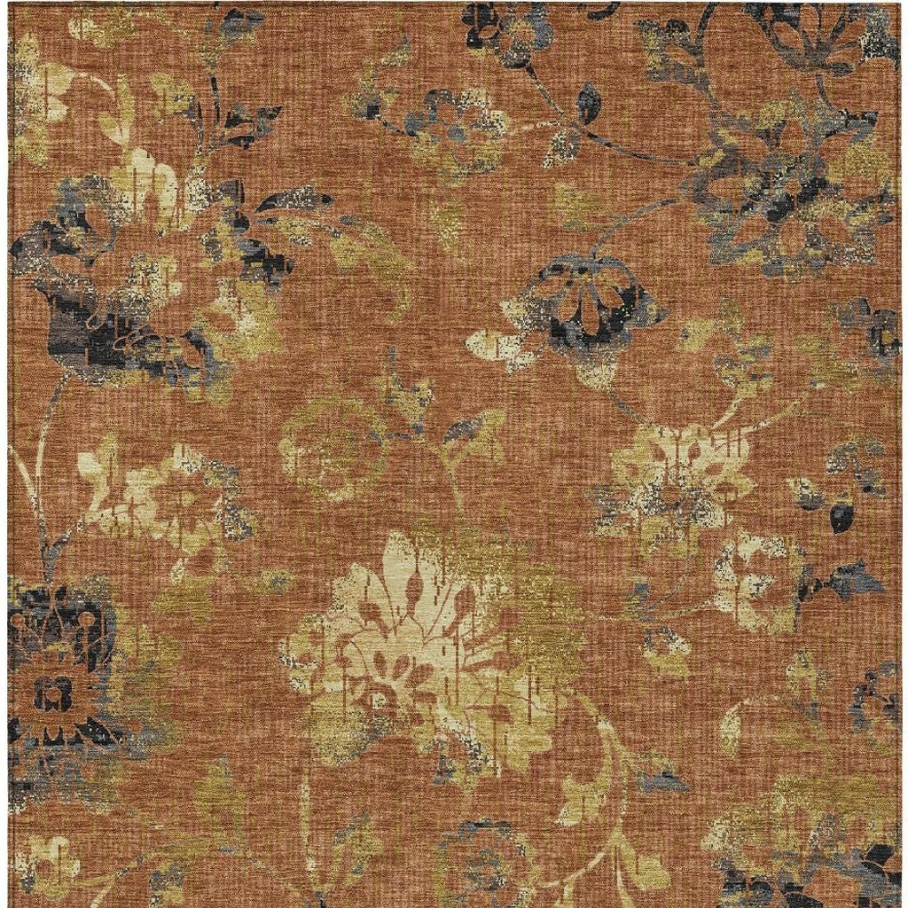 9' X 12' Orange And Rust Floral Washable Indoor Outdoor Area Rug Homeroots Outdoor