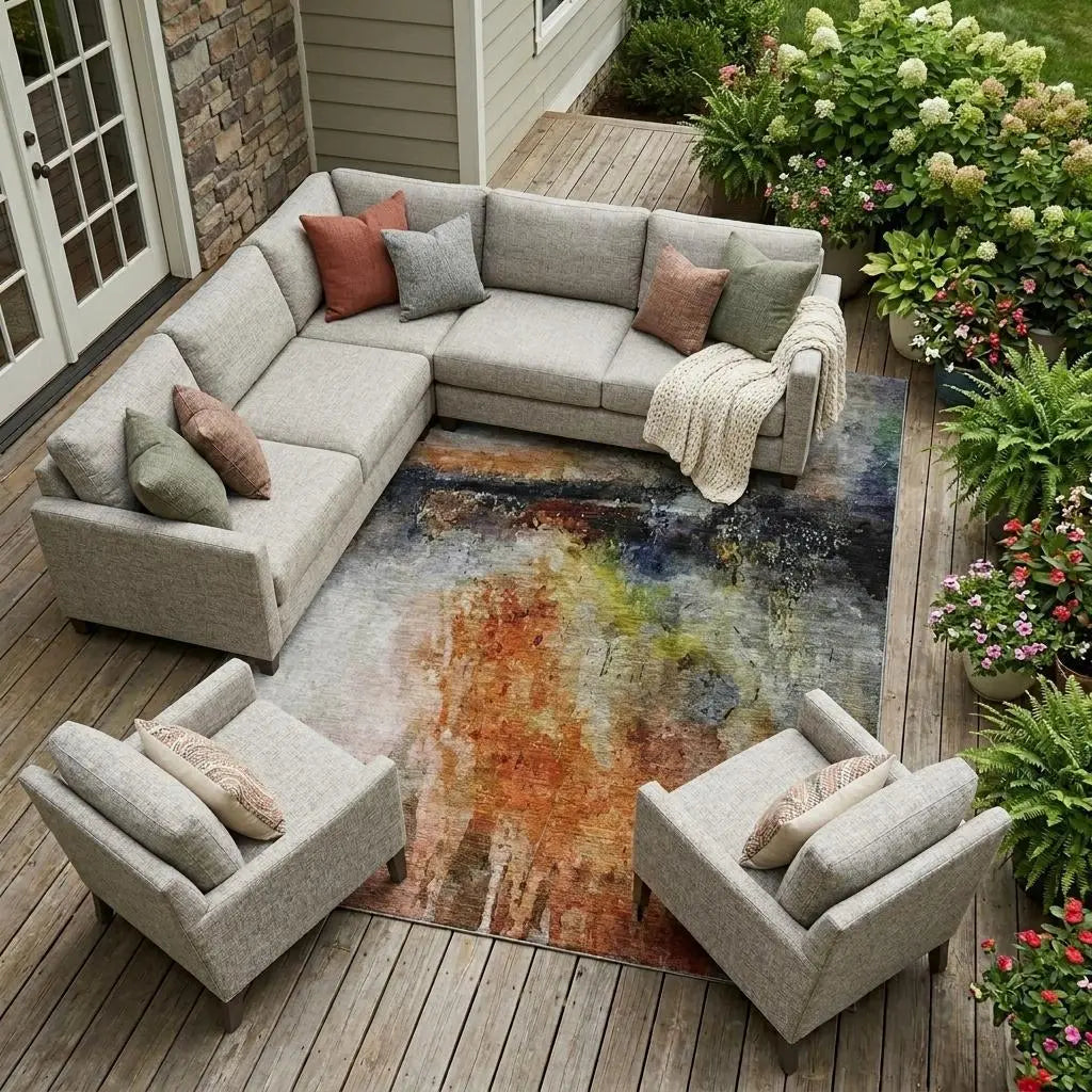 9' X 12' Orange And Silver Abstract Washable Indoor Outdoor Area Rug Homeroots Outdoor