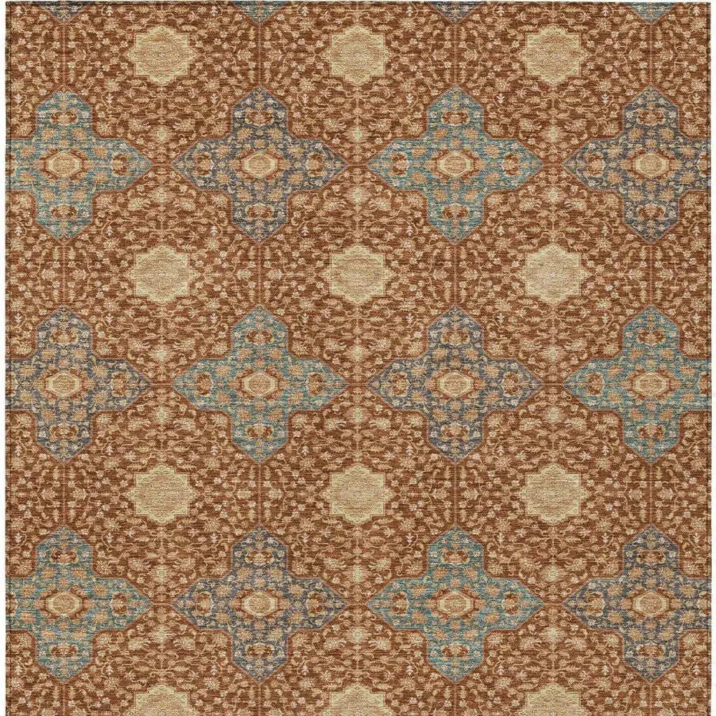 9' X 12' Orange And Teal Blue Damask Washable Indoor Outdoor Area Rug Homeroots Outdoor