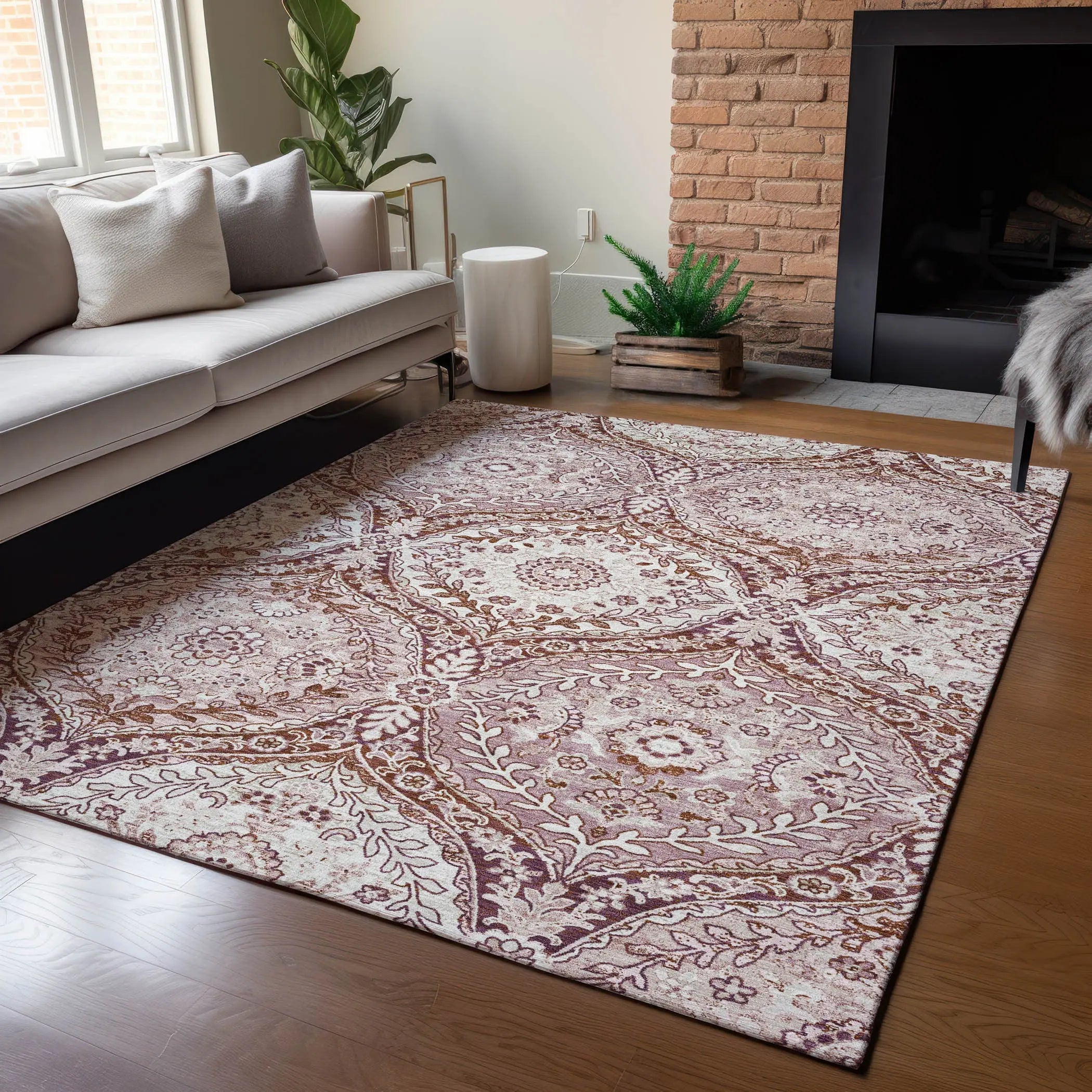 9' X 12' Pink And Green Ogee Washable Indoor Outdoor Area Rug Homeroots Outdoor