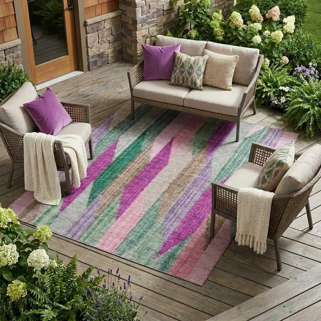 9' X 12' Pink And Green Striped Washable Indoor Outdoor Area Rug Homeroots Outdoor