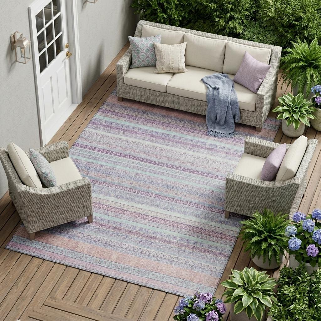 9' X 12' Pink And Lavender Striped Washable Indoor Outdoor Area Rug Homeroots Outdoor