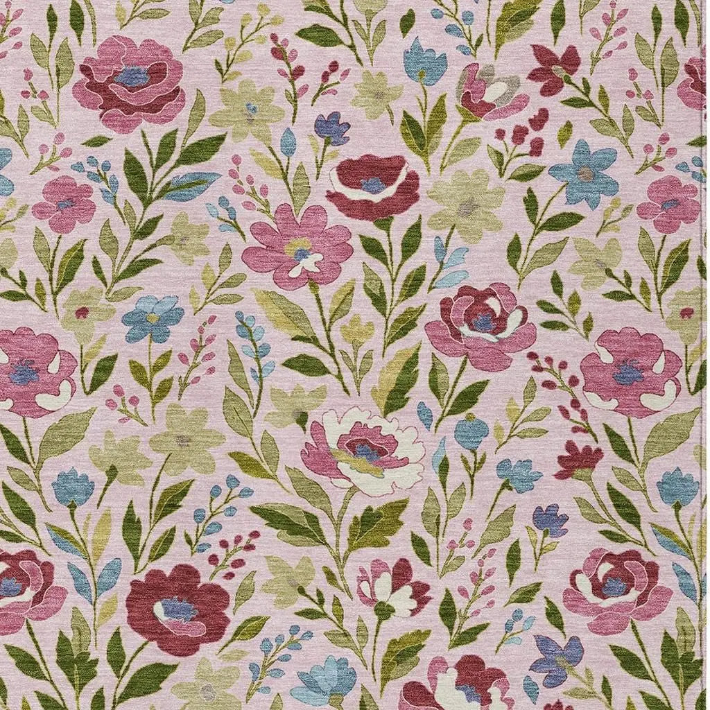 9' X 12' Pink And Linen Floral Washable Indoor Outdoor Area Rug Homeroots Outdoor