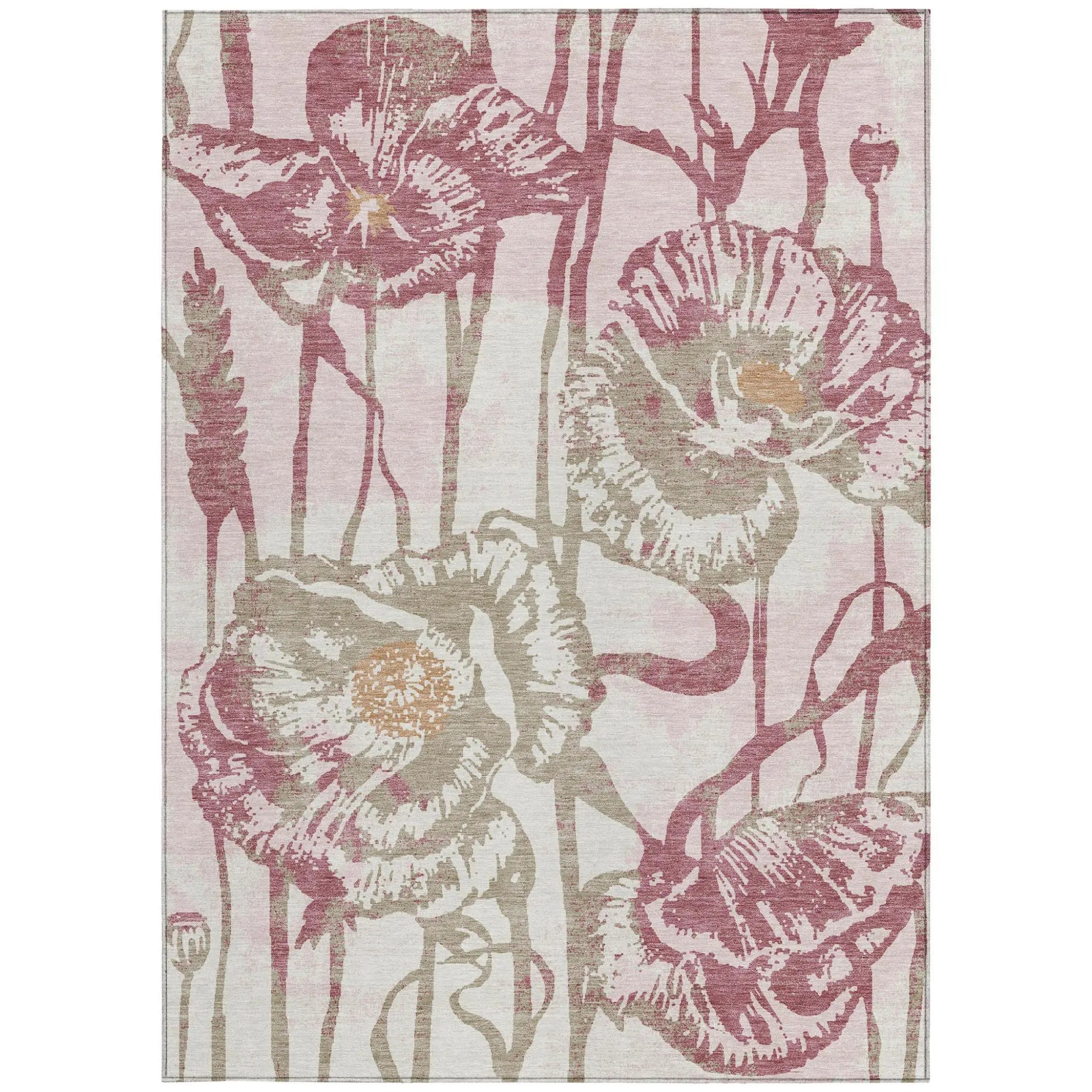 9' X 12' Pink And Linen Floral Washable Indoor Outdoor Area Rug Homeroots Outdoor