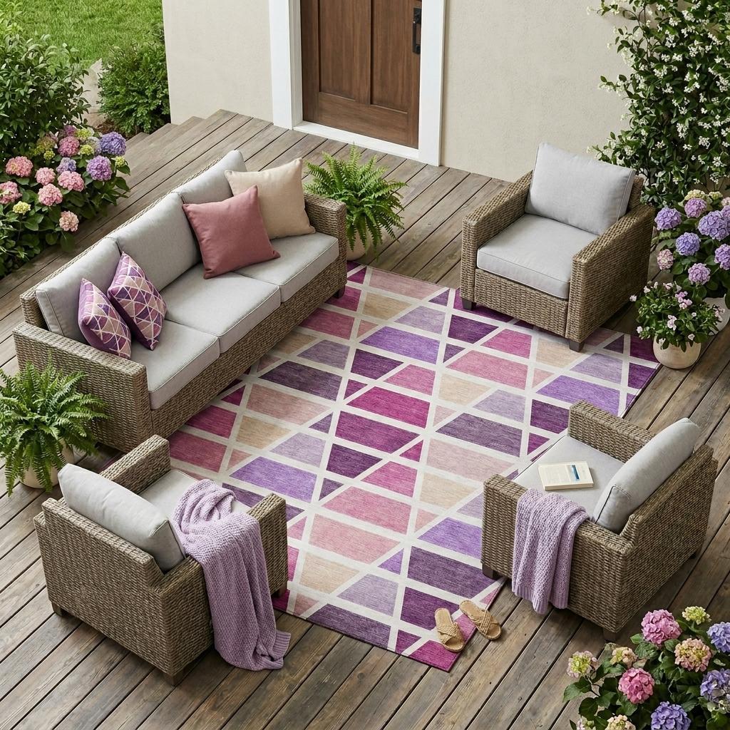 9' X 12' Pink And White Geometric Washable Indoor Outdoor Area Rug Homeroots Outdoor