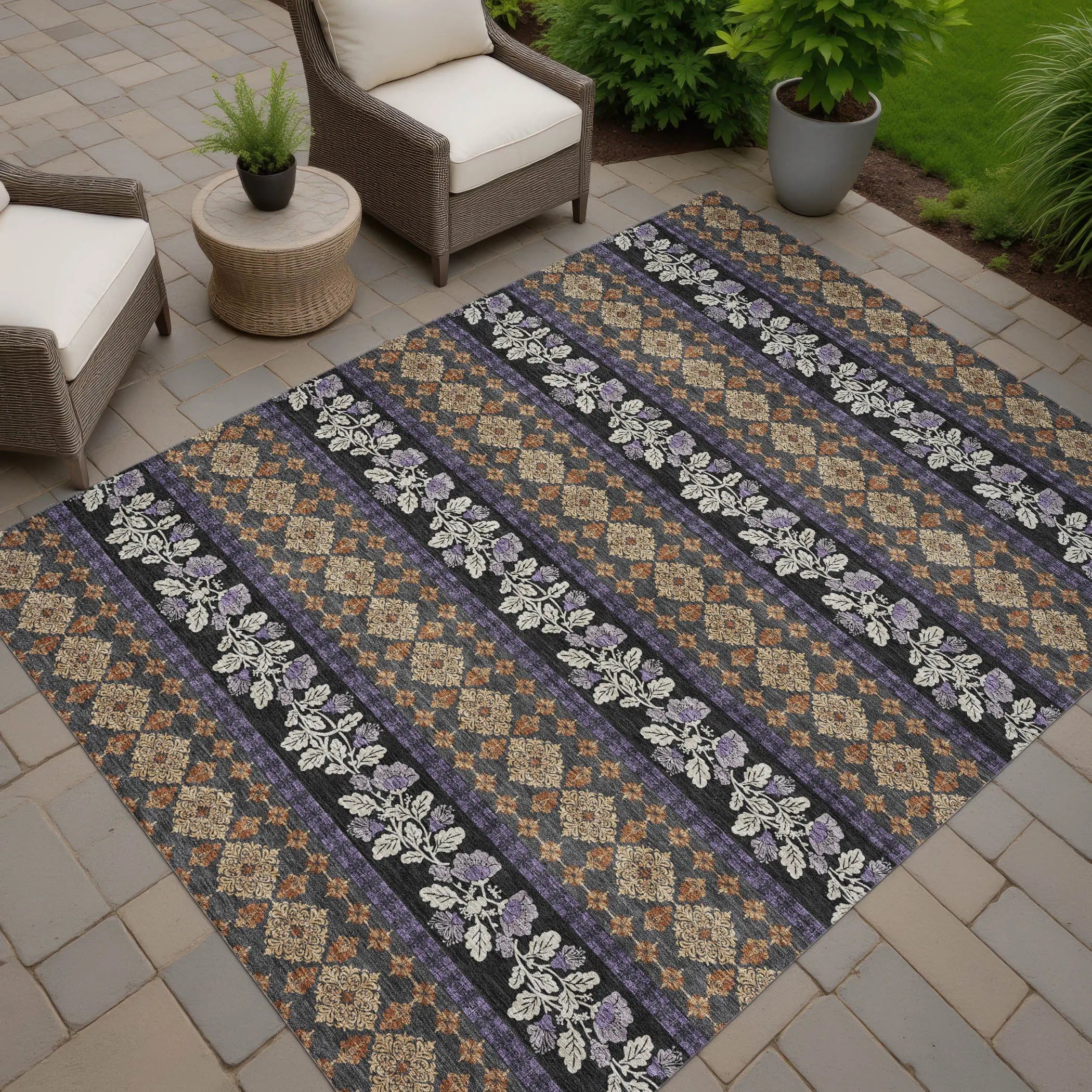9' X 12' Plum And Copper Striped Washable Indoor Outdoor Area Rug Homeroots Outdoor
