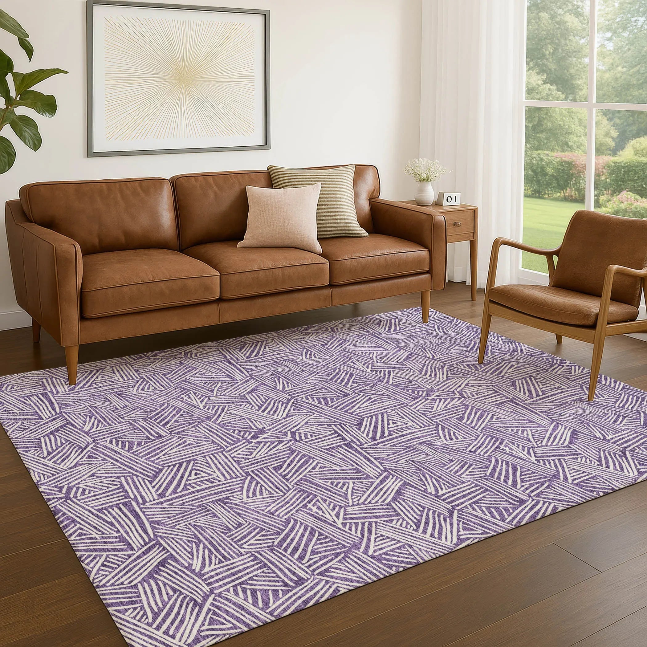 9' X 12' Purple And Beige Geometric Washable Indoor Outdoor Area Rug Homeroots Outdoor