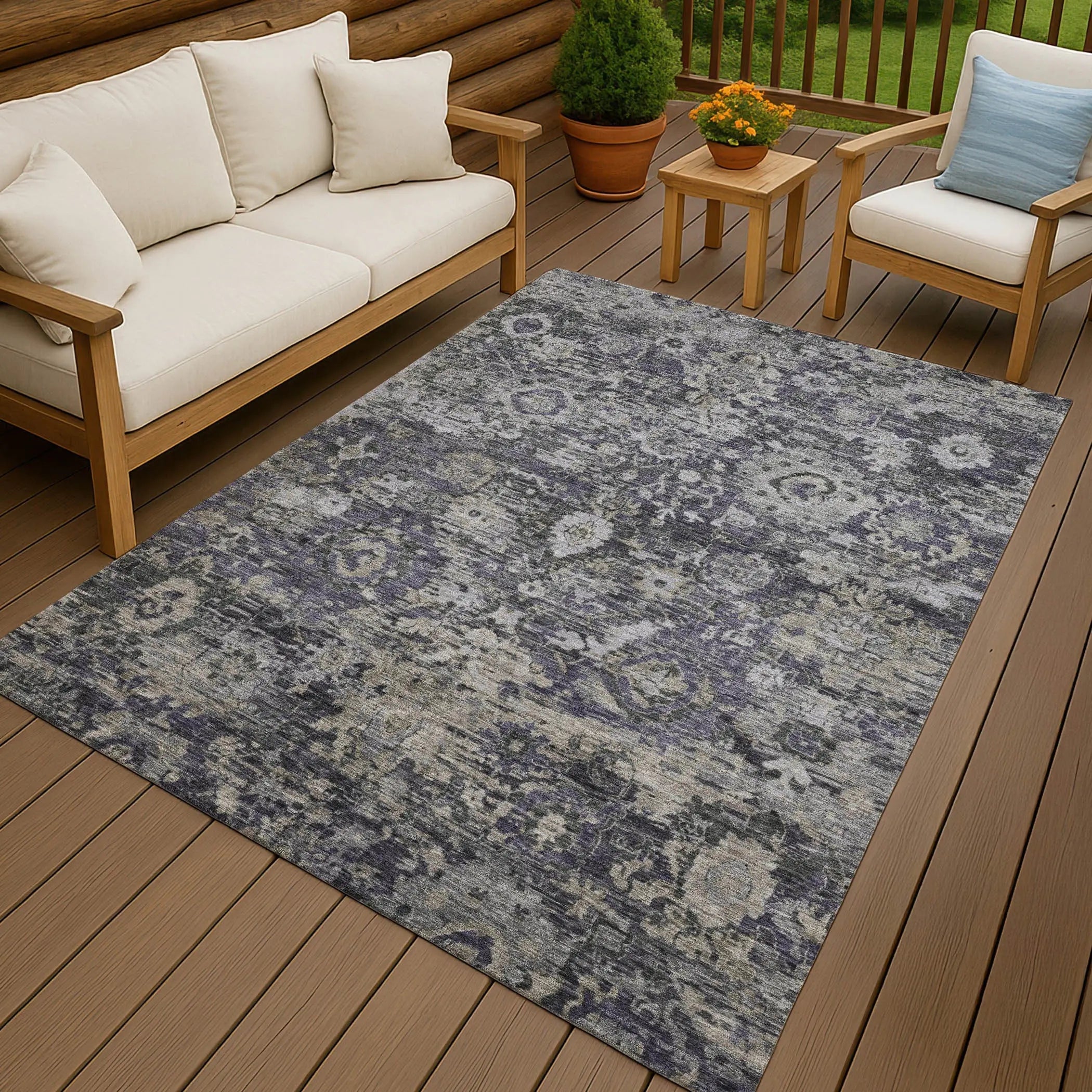 9' X 12' Purple And Gray Floral Washable Indoor Outdoor Area Rug Homeroots Outdoor
