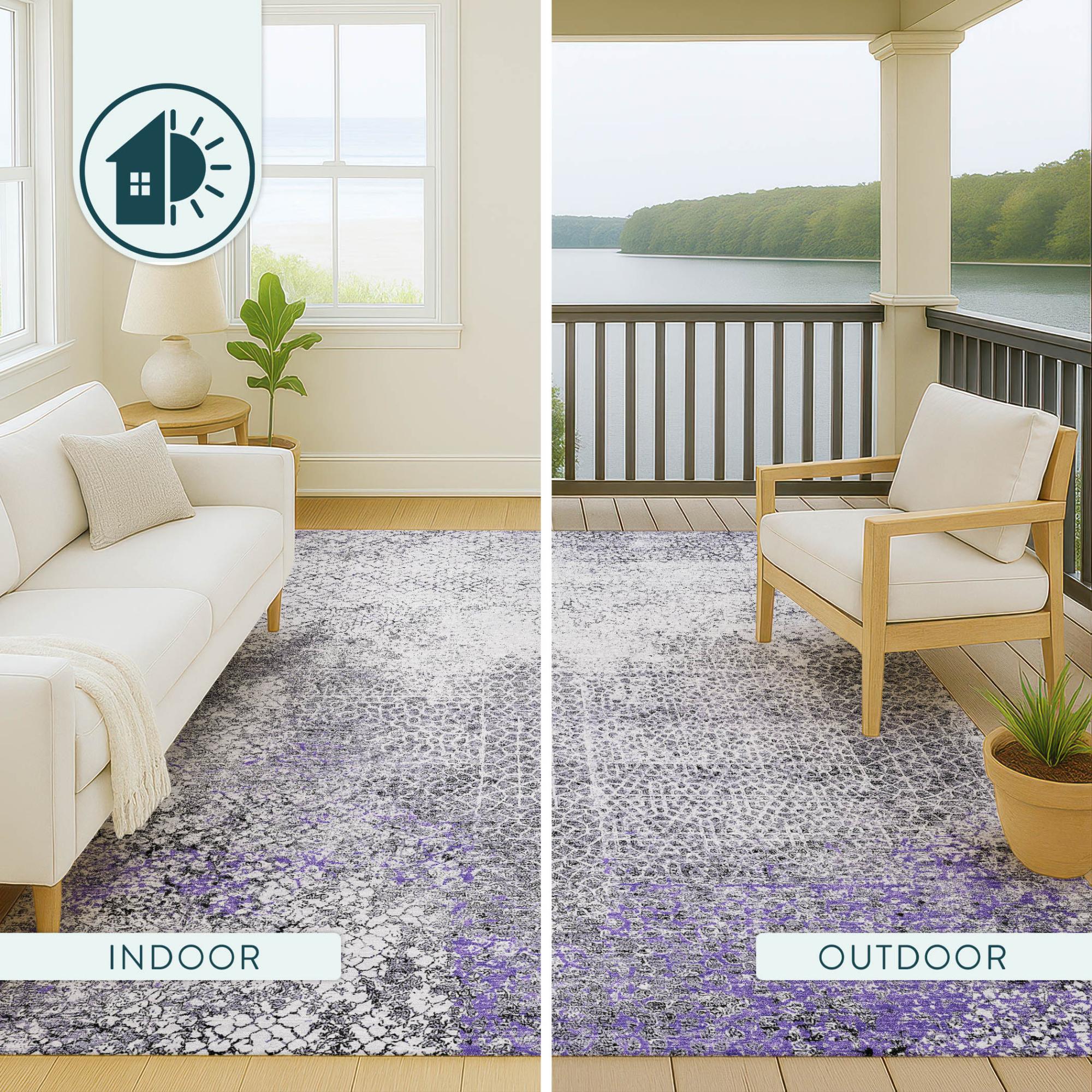 9' X 12' Purple And Pewter Abstract Washable Indoor Outdoor Area Rug Homeroots Outdoor