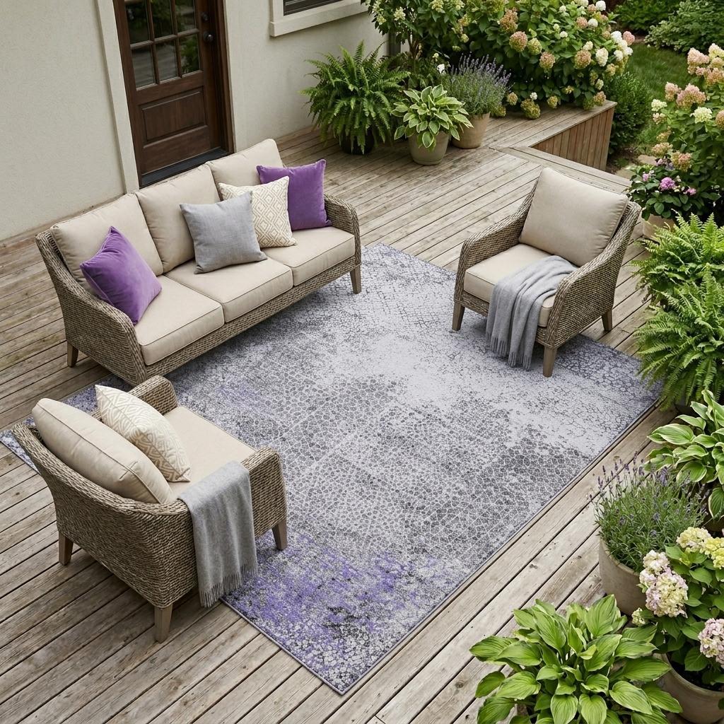 9' X 12' Purple And Pewter Abstract Washable Indoor Outdoor Area Rug Homeroots Outdoor