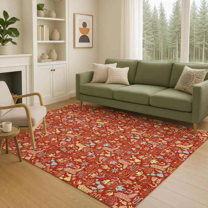 9' X 12' Red And Coral Stars Washable Indoor Outdoor Area Rug Homeroots Outdoor