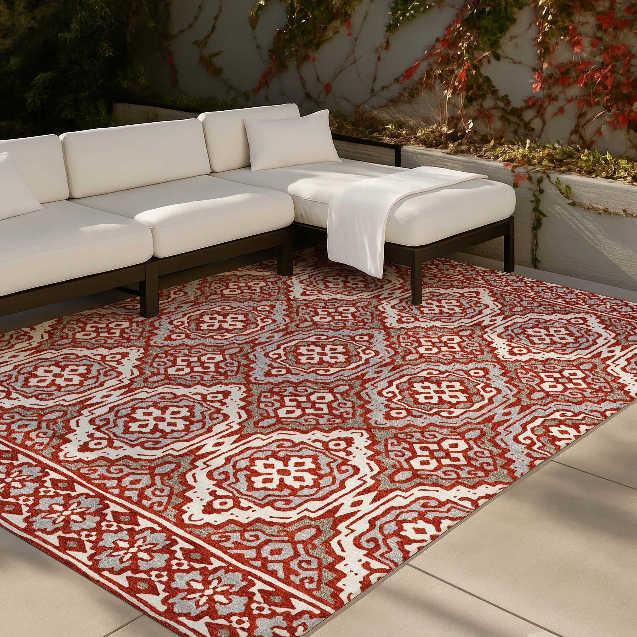 9' X 12' Red And Denim Blue Tribal Washable Indoor Outdoor Area Rug Homeroots Outdoor
