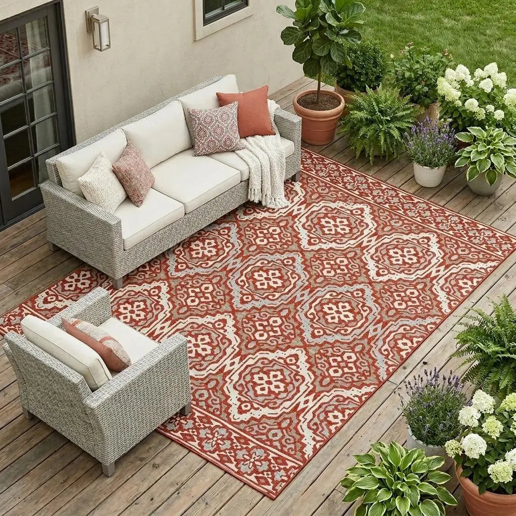 9' X 12' Red And Denim Blue Tribal Washable Indoor Outdoor Area Rug Homeroots Outdoor