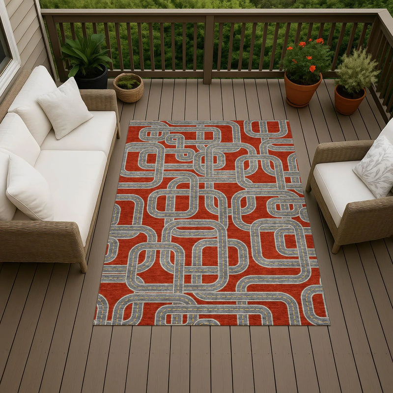 9' X 12' Red And Gray Geometric Washable Indoor Outdoor Area Rug Homeroots Outdoor