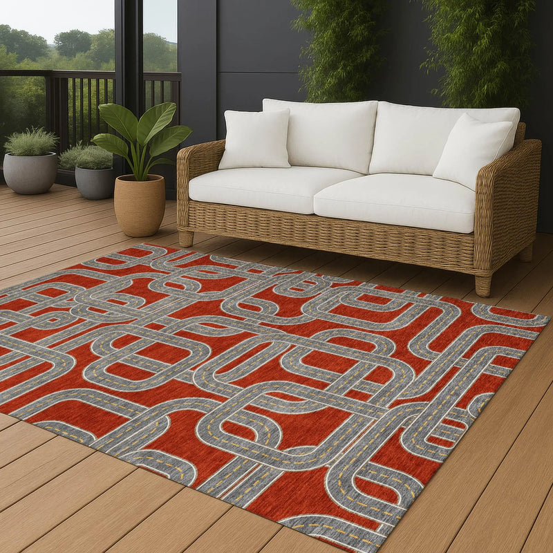 9' X 12' Red And Gray Geometric Washable Indoor Outdoor Area Rug Homeroots Outdoor