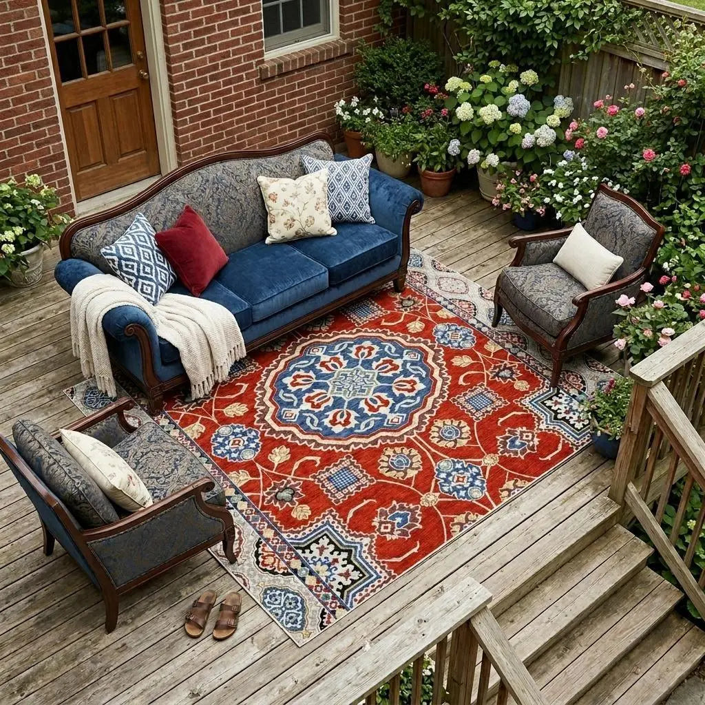 9' X 12' Red And Silver Floral Medallion Washable Indoor Outdoor Area Rug Homeroots Outdoor
