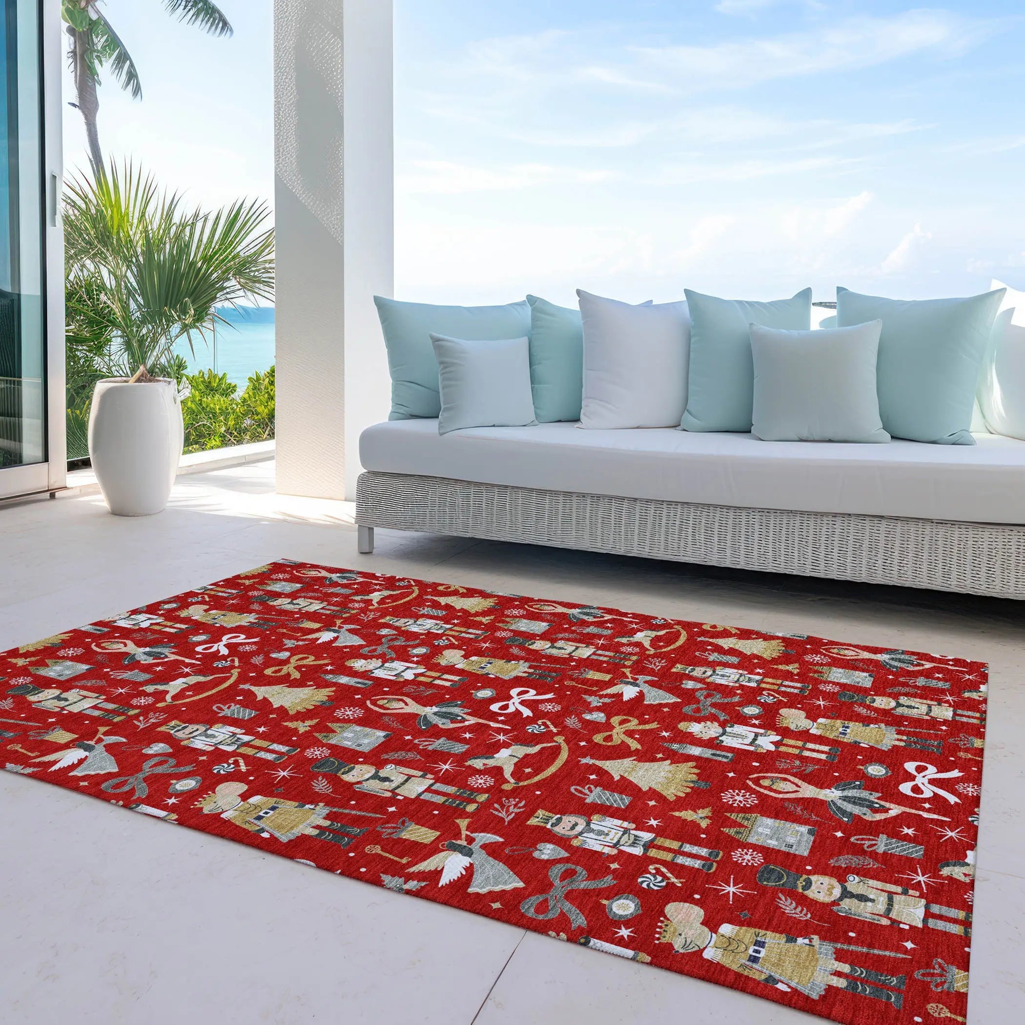9' X 12' Red Gold Black And Gray Village House Washable Indoor Outdoor Area Rug Homeroots Outdoor