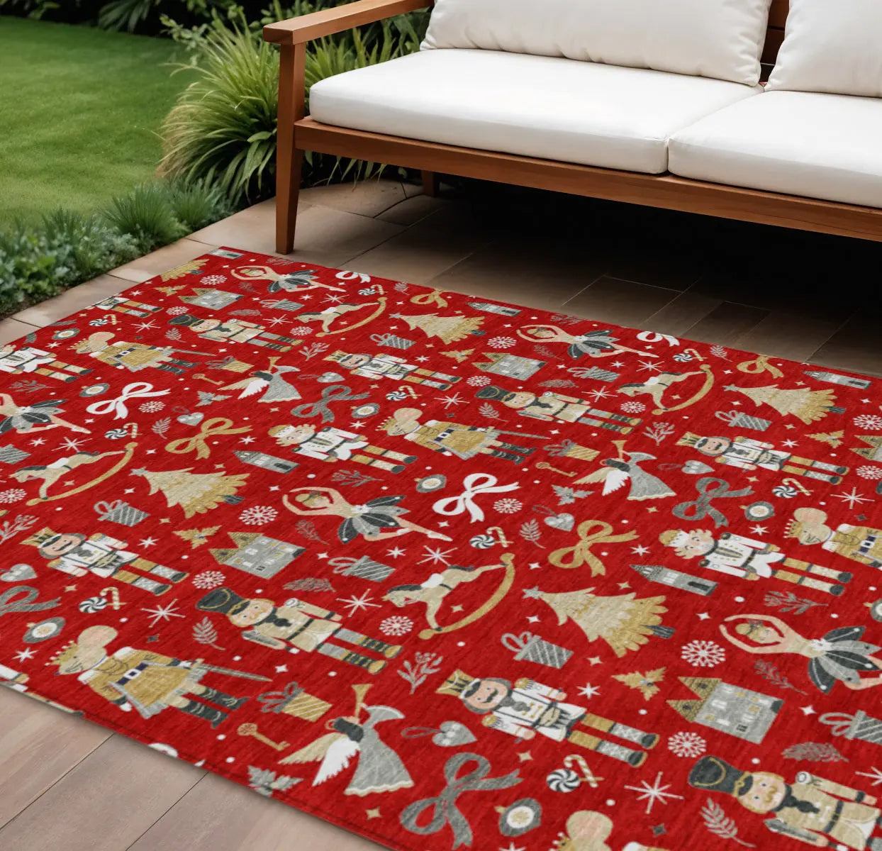9' X 12' Red Gold Black And Gray Village House Washable Indoor Outdoor Area Rug Homeroots Outdoor