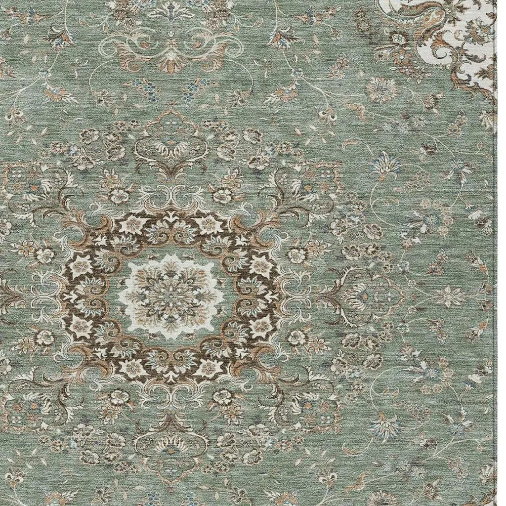 9' X 12' Sage And Beige Floral Medallion Washable Indoor Outdoor Area Rug Homeroots Outdoor