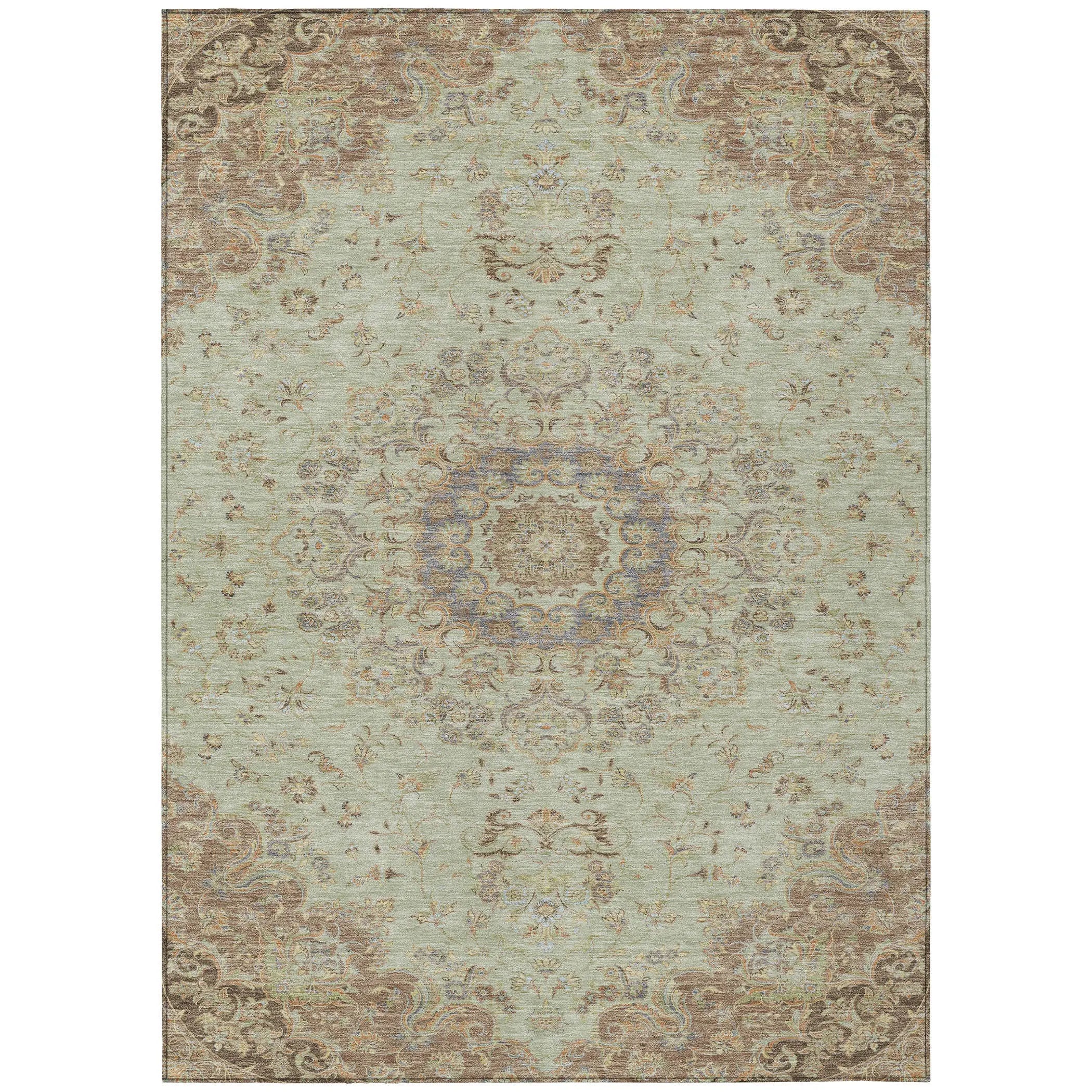 9' X 12' Sage And Brown Floral Medallion Washable Indoor Outdoor Area Rug Homeroots Outdoor