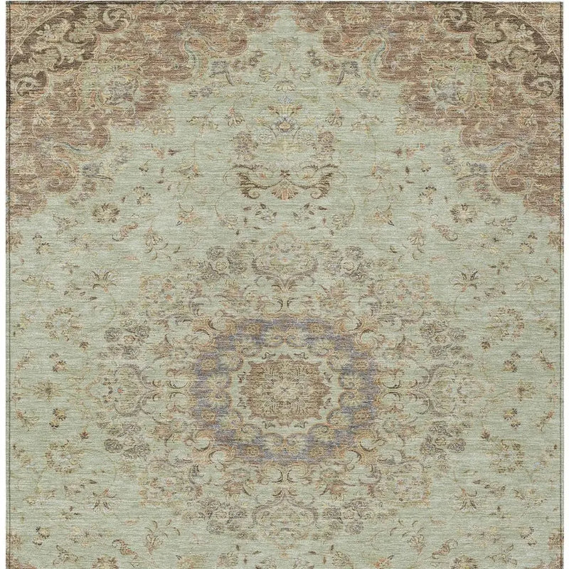 9' X 12' Sage And Brown Floral Medallion Washable Indoor Outdoor Area Rug Homeroots Outdoor