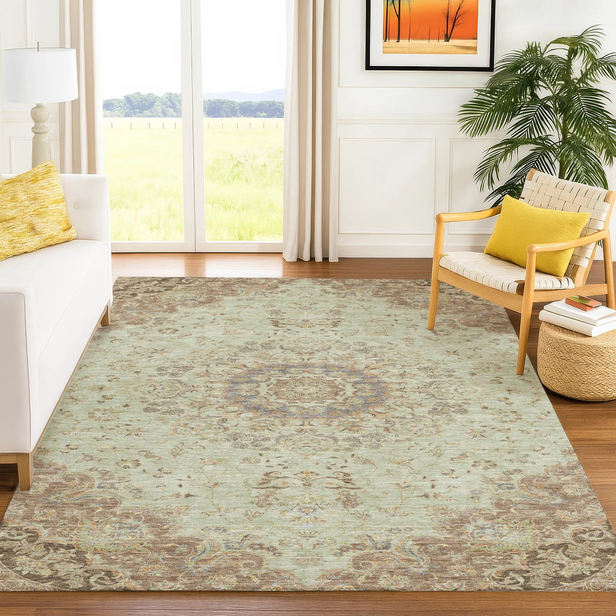 9' X 12' Sage And Brown Floral Medallion Washable Indoor Outdoor Area Rug Homeroots Outdoor