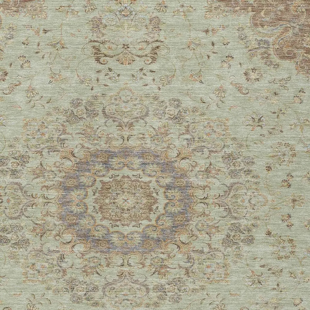9' X 12' Sage And Brown Floral Medallion Washable Indoor Outdoor Area Rug Homeroots Outdoor