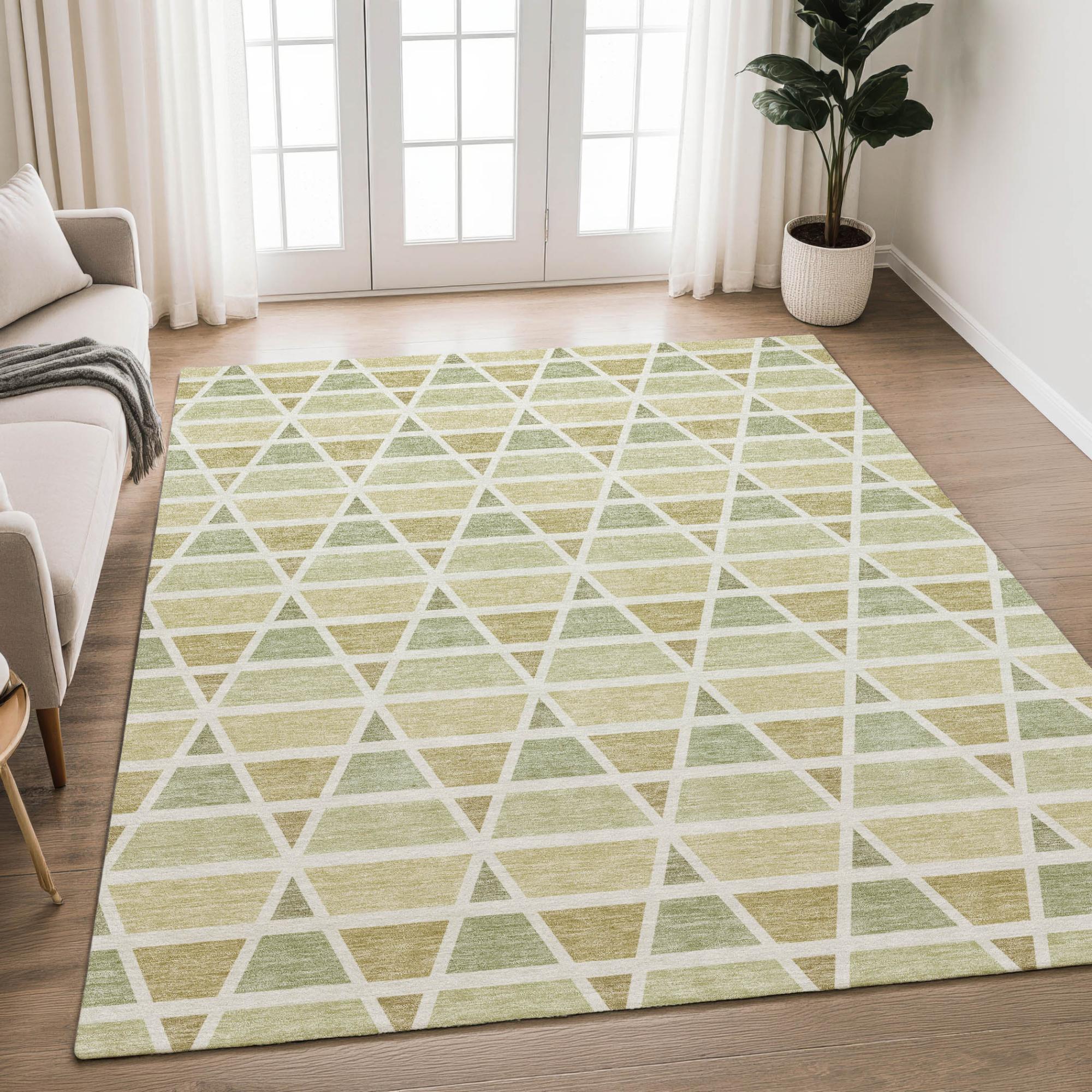 Green and cream geometric patterned area rug, perfect for modern living spaces, featuring soft textile material.