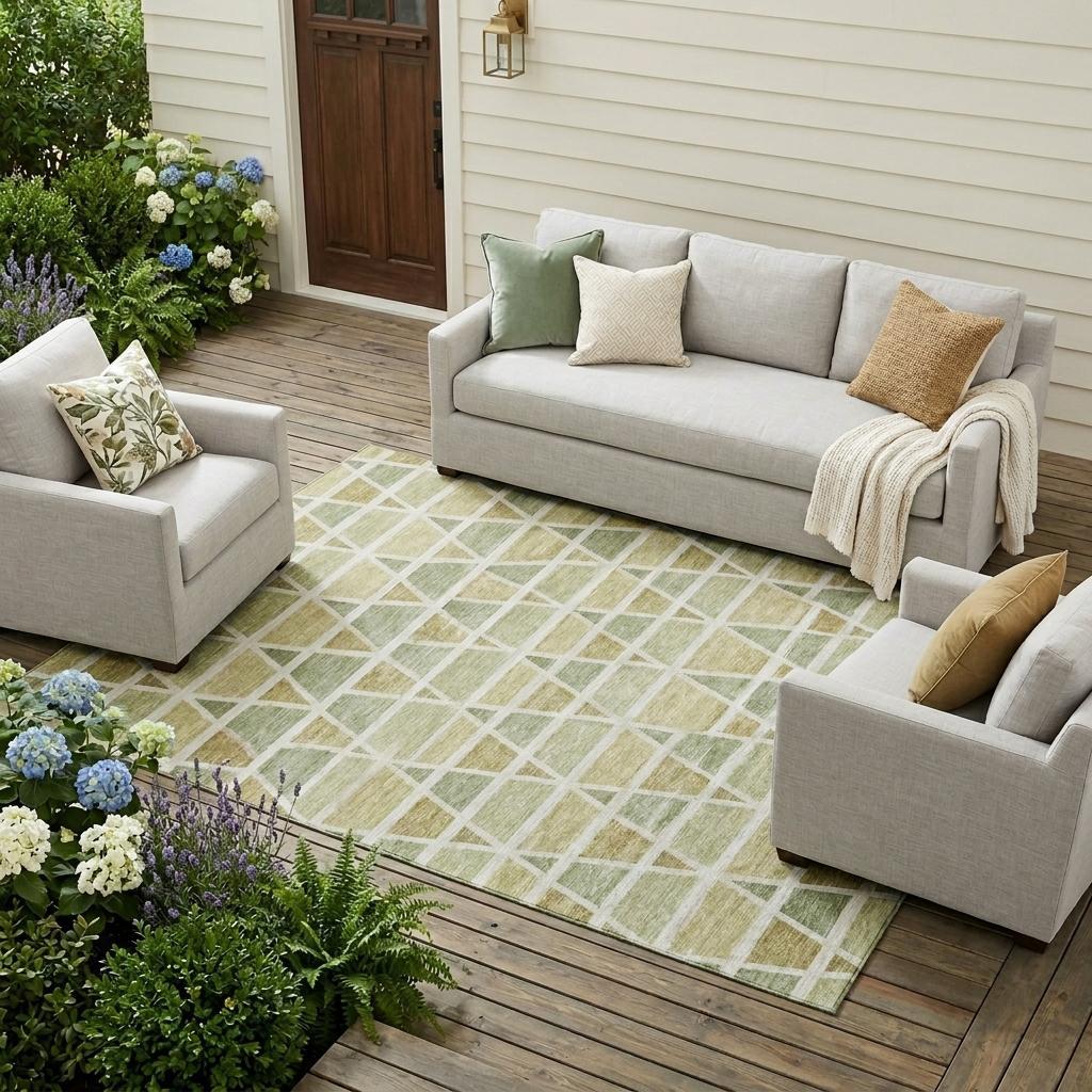 Light gray outdoor sofa set with green accents on a geometric patterned rug, surrounded by flowers and greenery.