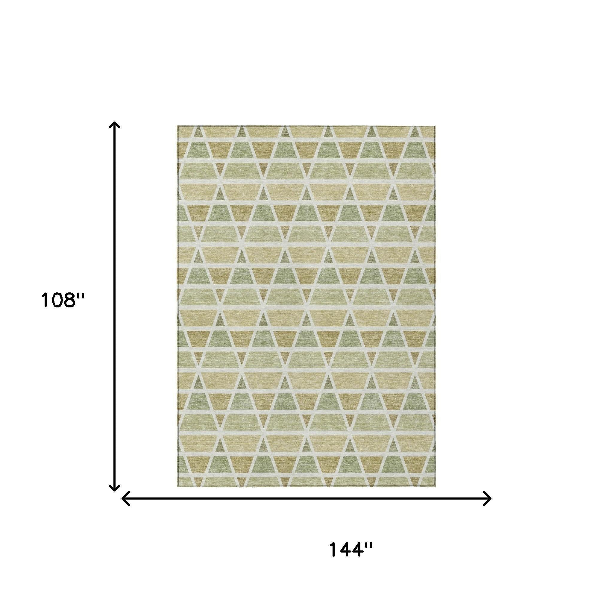 Green and white geometric triangle area rug, 144" x 108", made of soft, durable woven material for a modern style.