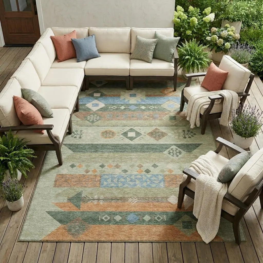 9' X 12' Sage And Green Geometric Washable Indoor Outdoor Area Rug Homeroots Outdoor