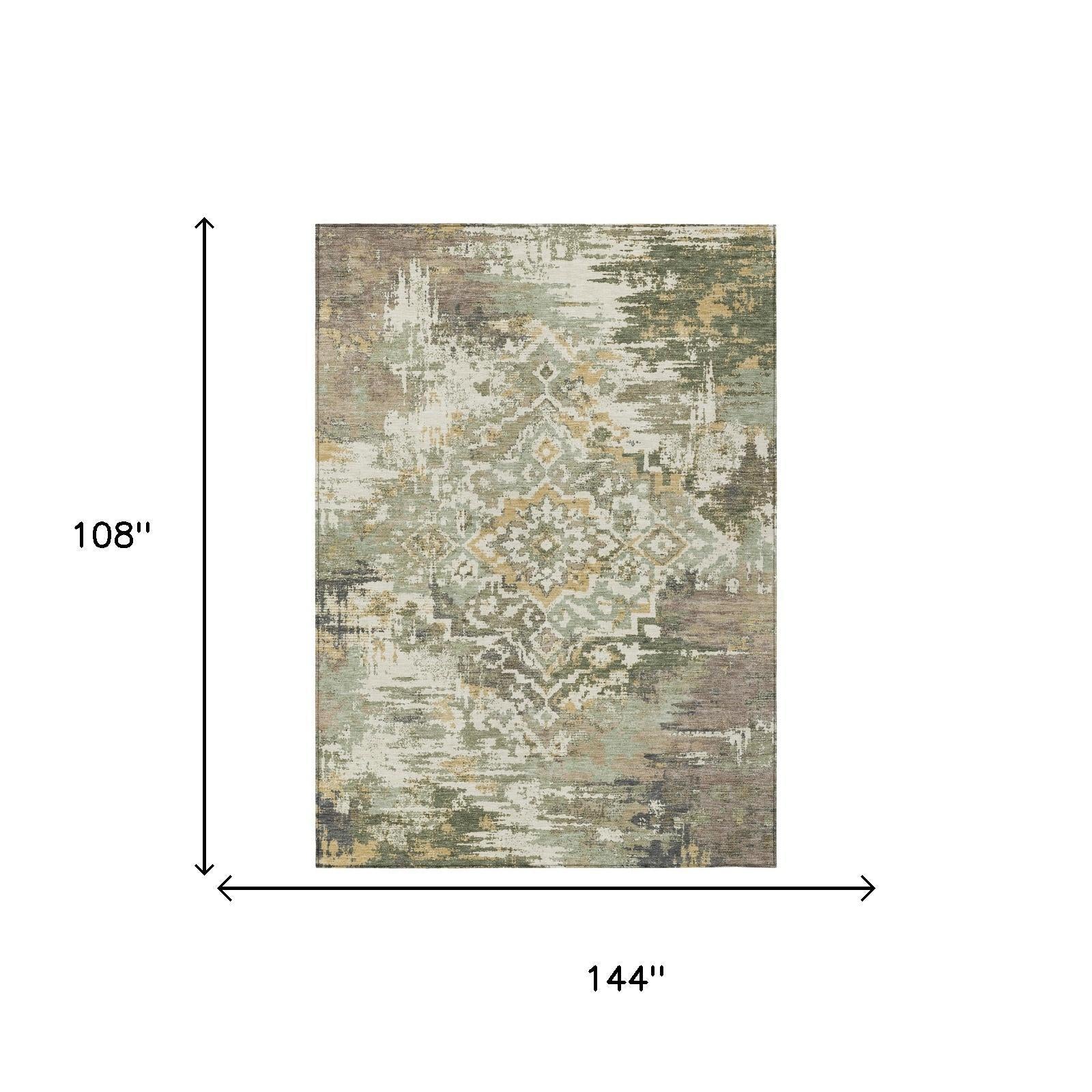 9' X 12' Sage And Green Medallion Washable Indoor Outdoor Area Rug Homeroots Outdoor