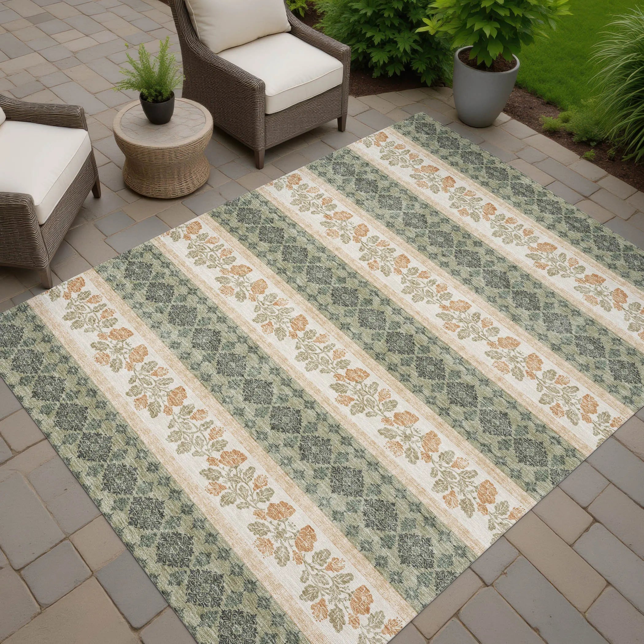 9' X 12' Sage And Ivory Striped Washable Indoor Outdoor Area Rug Homeroots Outdoor