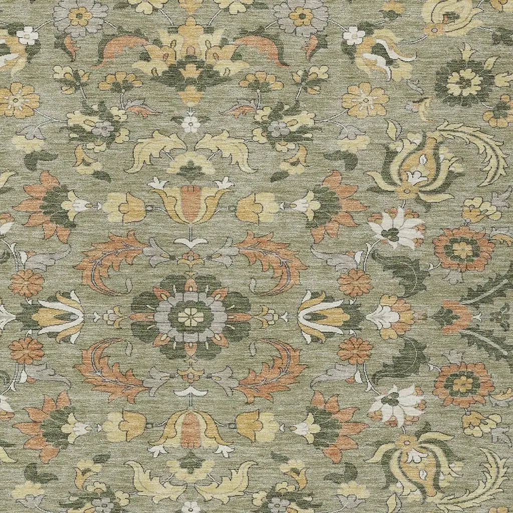 9' X 12' Sage And Olive Green Floral Medallion Washable Indoor Outdoor Area Rug Homeroots Outdoor
