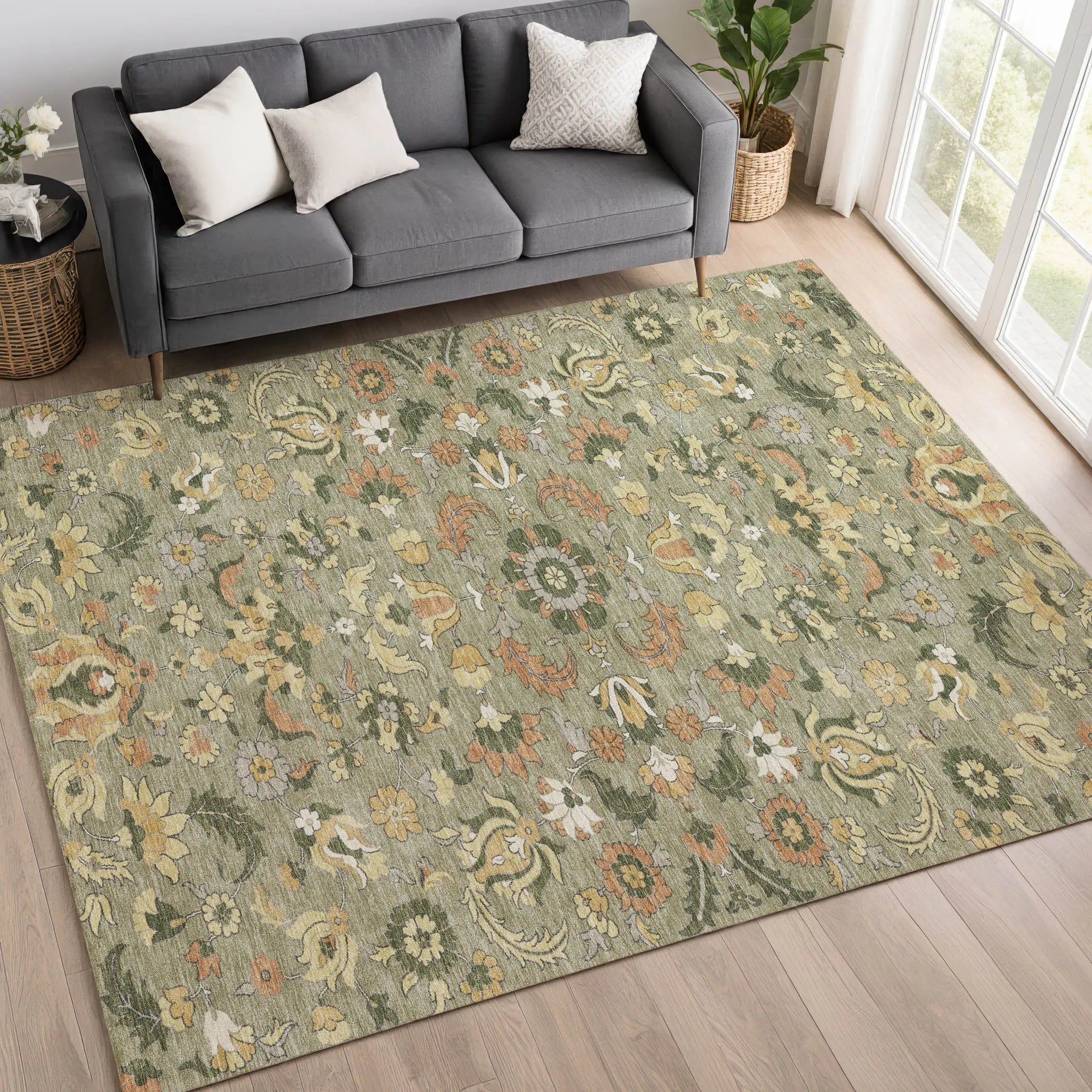 9' X 12' Sage And Olive Green Floral Medallion Washable Indoor Outdoor Area Rug Homeroots Outdoor