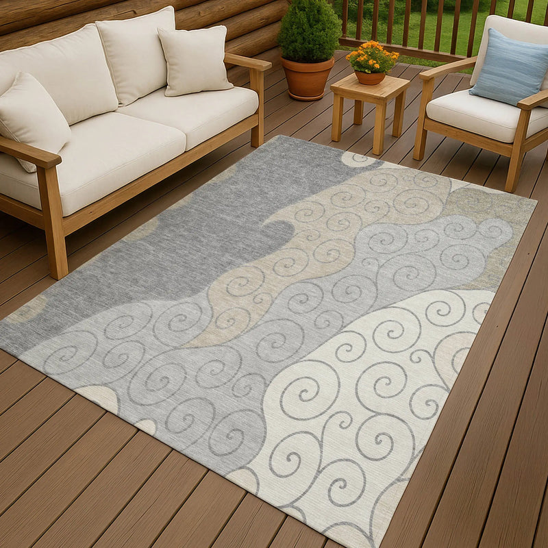 9' X 12' Silver And Beige Abstract Washable Indoor Outdoor Area Rug Homeroots Outdoor