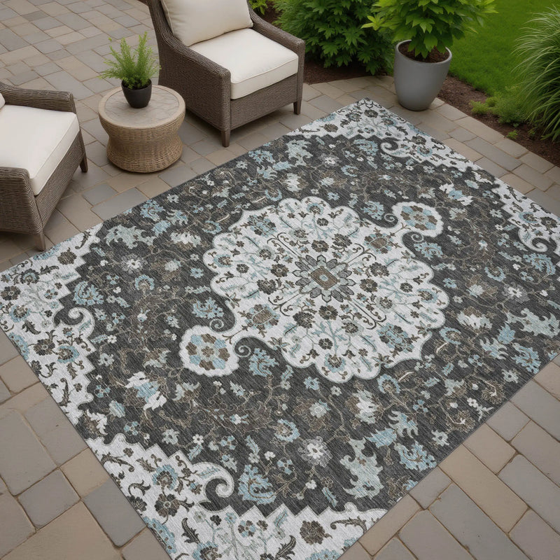 9' X 12' Silver And Charcoal Floral Medallion Washable Indoor Outdoor Area Rug Homeroots Outdoor